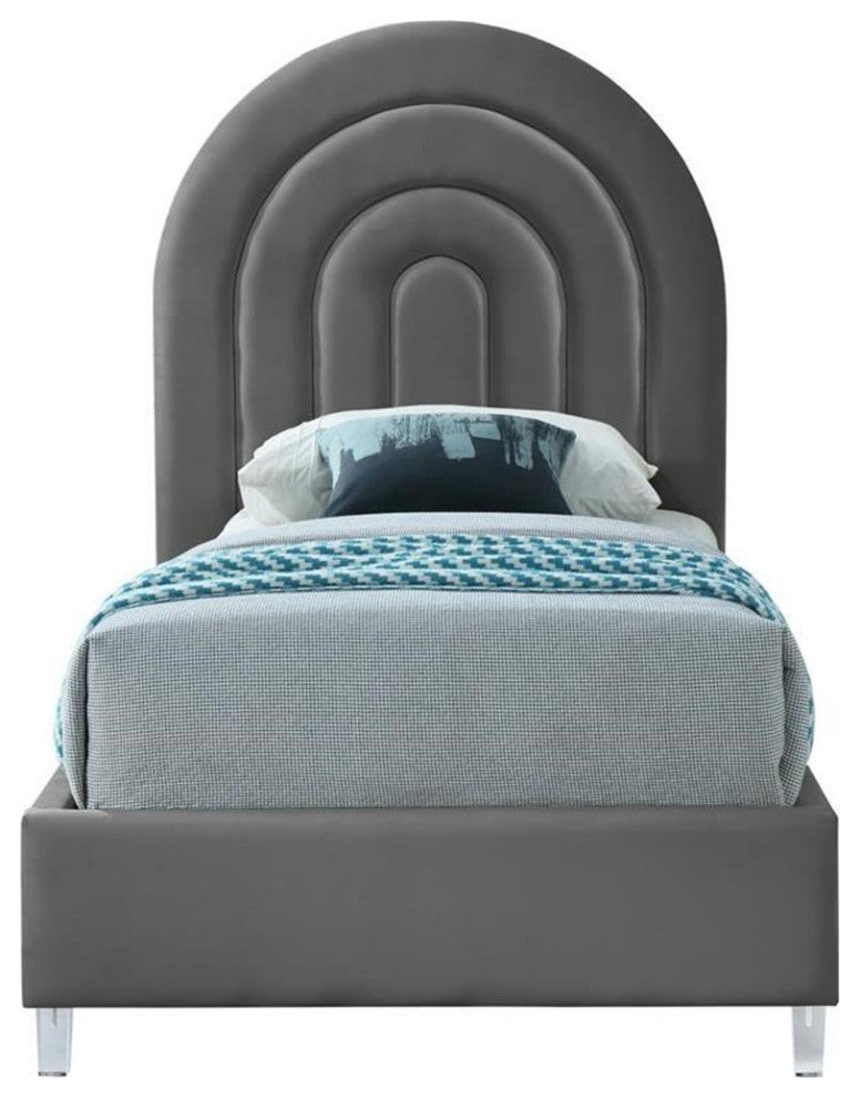 Maklaine 59.3'H x 44.1'W x 76.4'D Gray Velvet Twin Bed in Acrylic Finish