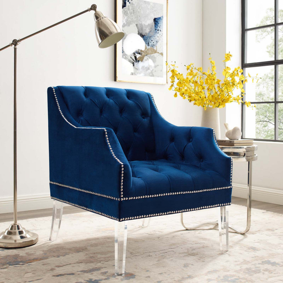 Modern Living Room Lounge Accent Side Chair Armchair, Velvet Fabric, Navy Blue