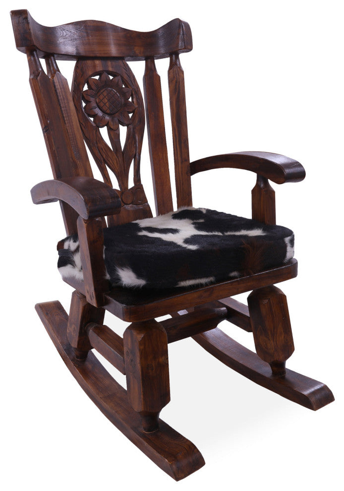 Wooden Rocking Chair Handcarved Back Removable Hair-On Cowhide Pillow RC132-CP