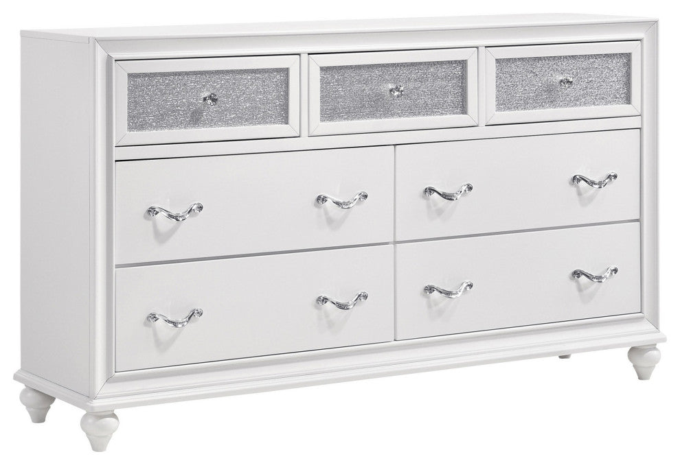 Benzara BM246084 Dresser With 7 Drawers and Glitter Acrylic Front, White