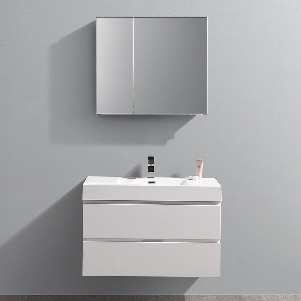 Valencia 36" Glossy White Wall Hung Vanity Set, Cabinet, Faucet, FFT9151BN