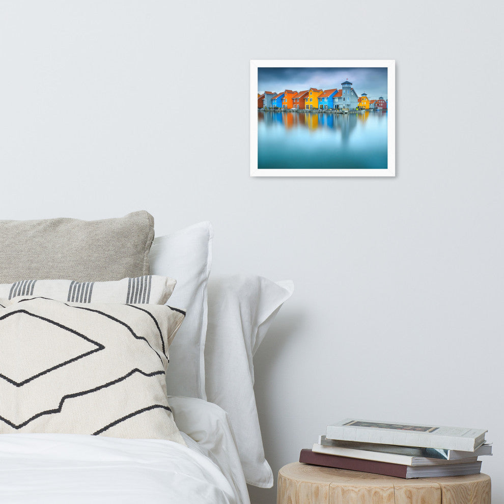 Blue Morning at Waters Edge Landscape Framed Photo Paper Wall Art Prints, White, 11" X 14"