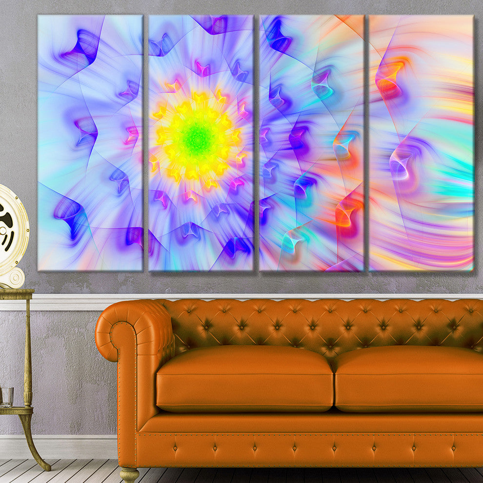 Large Yellow Alien Fractal Flower, Floral Canvas Art Print, 48"x28", 4 Panels
