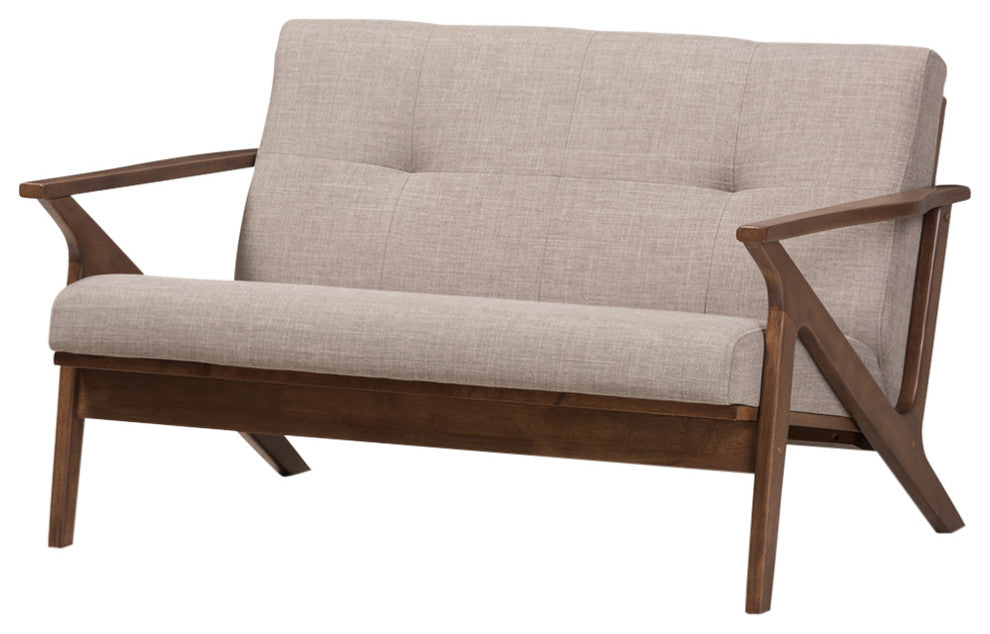 Bianca Mid-Century Modern Walnut Wood Light Gray Tufted 2-Seater Loveseat