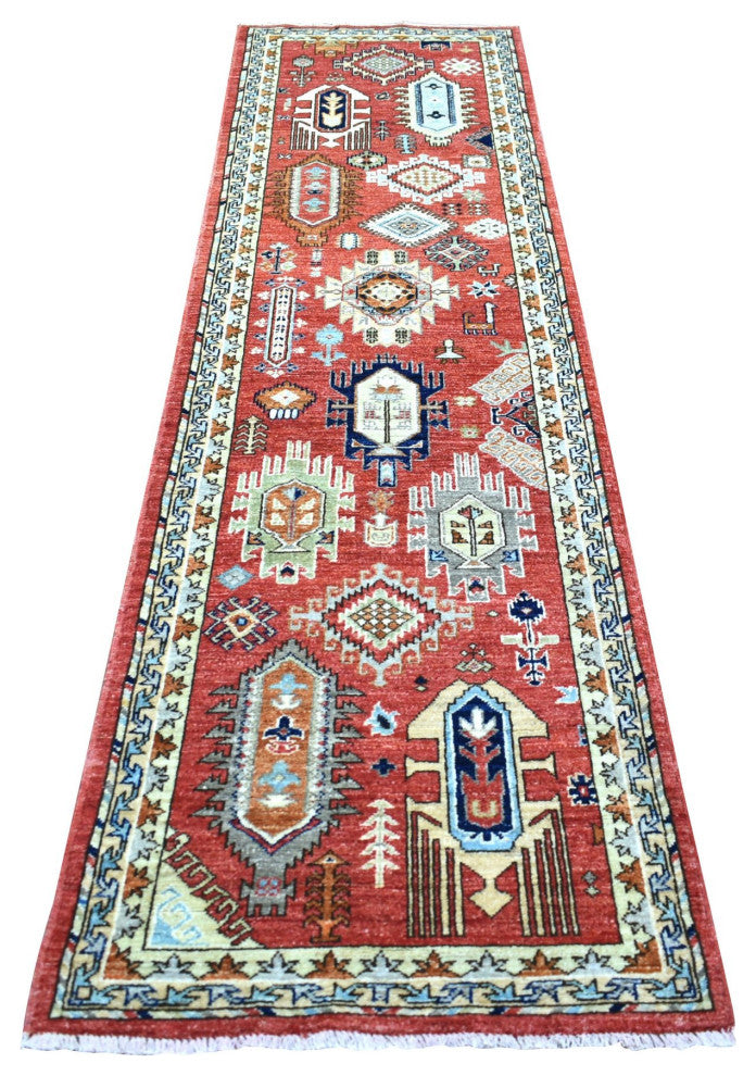 Rich Red Natural Dyes Soft Wool Hand Knotted Afghan Ersari Runner Rug, 2'8"x9'8"