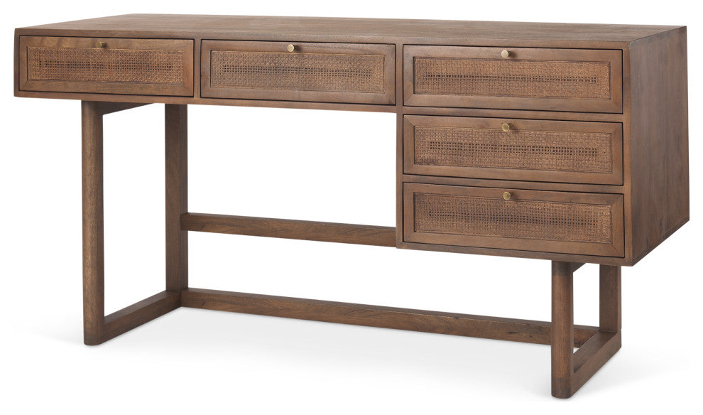 Grier 62.0L x 22.0W x 30.0H Medium Brown Solid Wood WithCane Office Desk