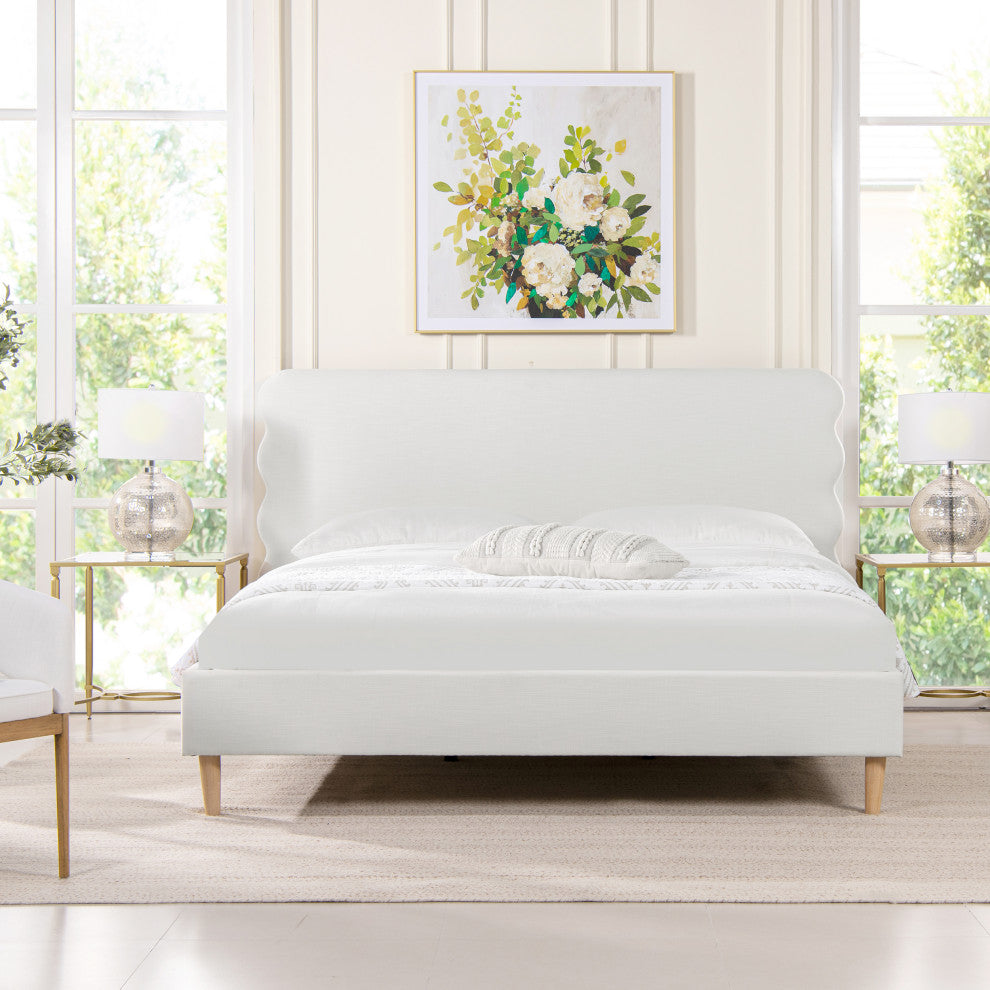 Stockholm Modern Wavy Headboard Platform Bed, Antique White Polyester, King