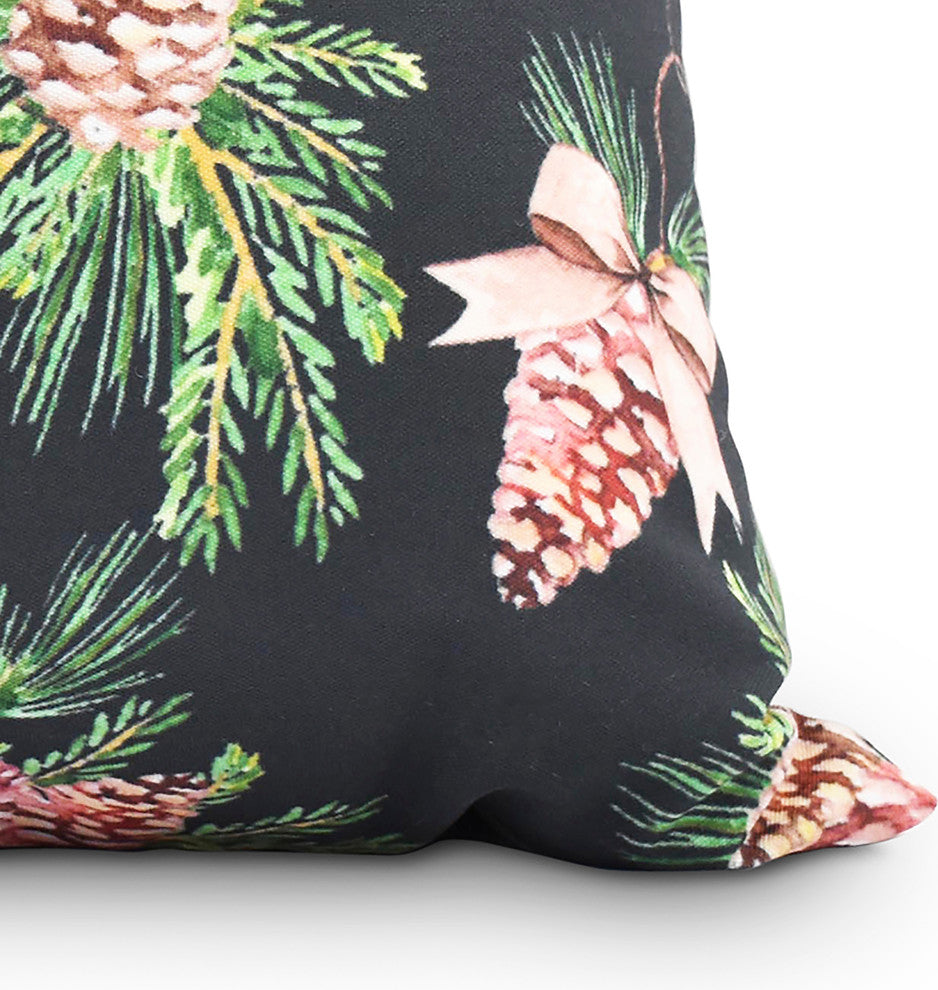 Greenery Black Holiday Print Decorative Outdoor Throw Pillow, 20"