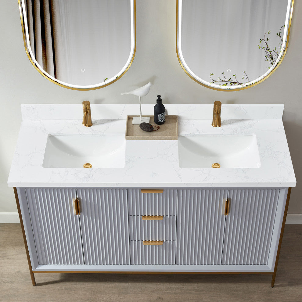 Malaga Composite Stone Vanity Top With Ceramic Sink, Grain White, 61"