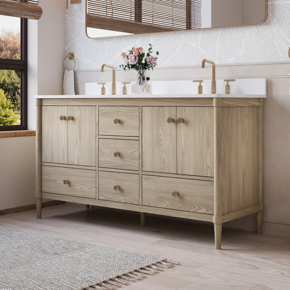 Solid Wood Bathroom Vanity with Carrara White Quartz Top in Oak, 60 Inch