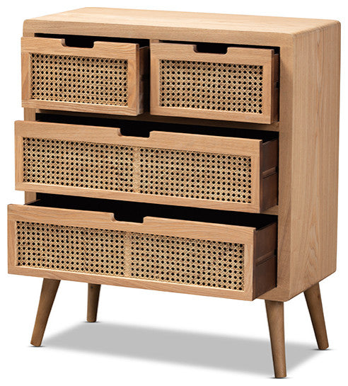 Alina Modern Medium Oak Finished Wood and Rattan 4-Drawer Accent Storage Cabinet