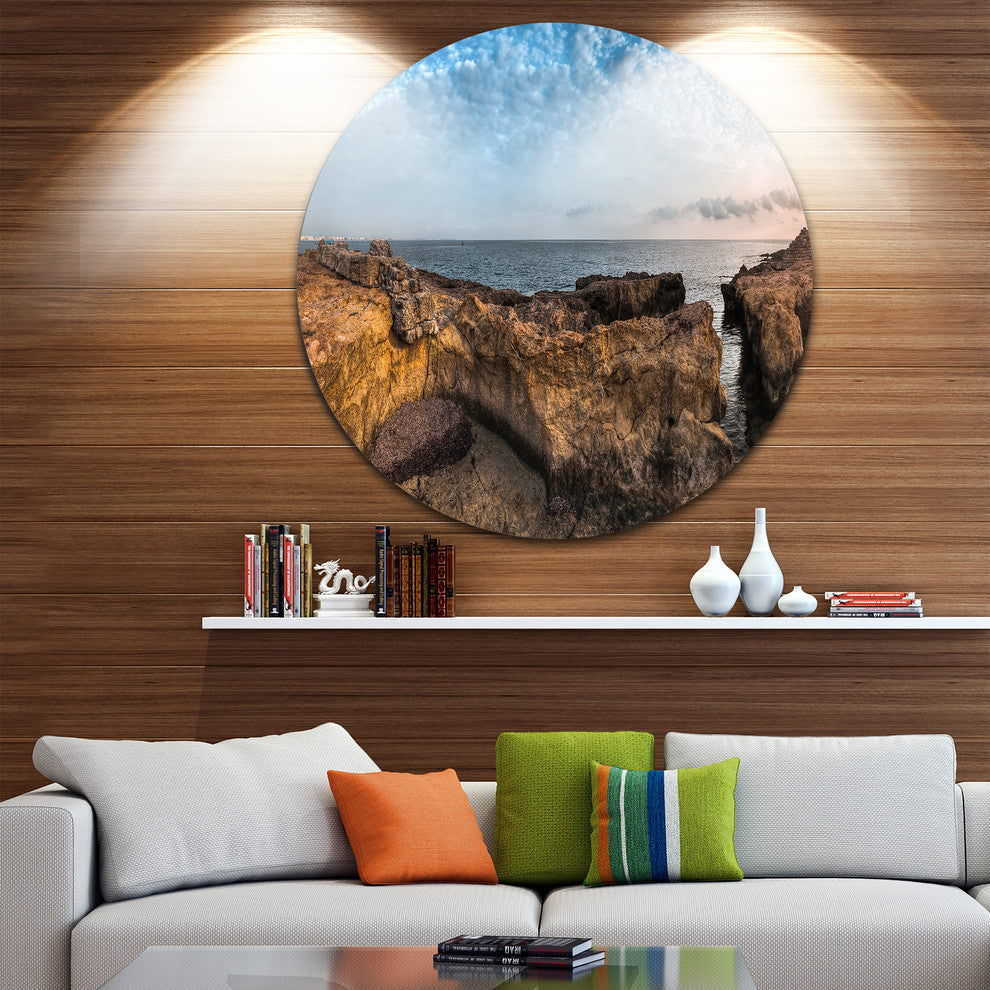 Rough Rocky Coast Under Blue Sky, Beach Round Wall Art, 11"