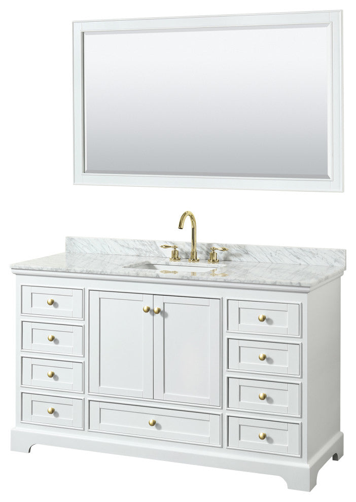 60" Single Bath Vanity, White, Carrara Countertop, Sink, Gold Trim, 58" Mirror