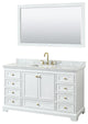 60" Single Bath Vanity, White, Carrara Countertop, Sink, Gold Trim, 58" Mirror