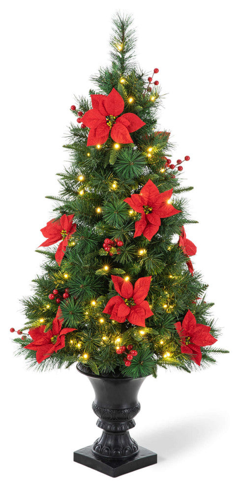 Pre-Lit Pine Artificial Christmas Tree, 4', Poinsettia/Berries