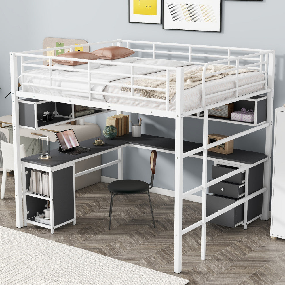 Gewnee Metal Loft Bed with bookcase, desk and cabinet, Full, White