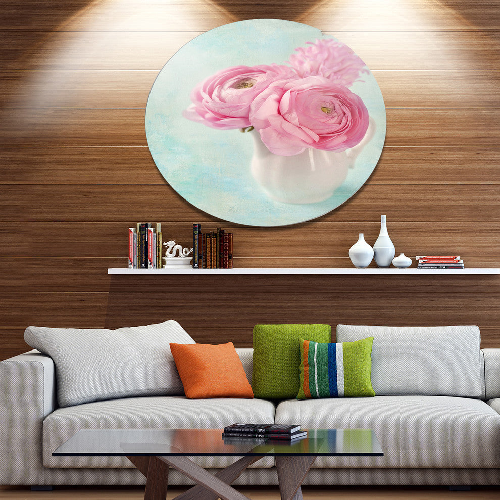Pink Ranunculus Flowers In Vase, Floral Disc Metal Wall Art, 11"