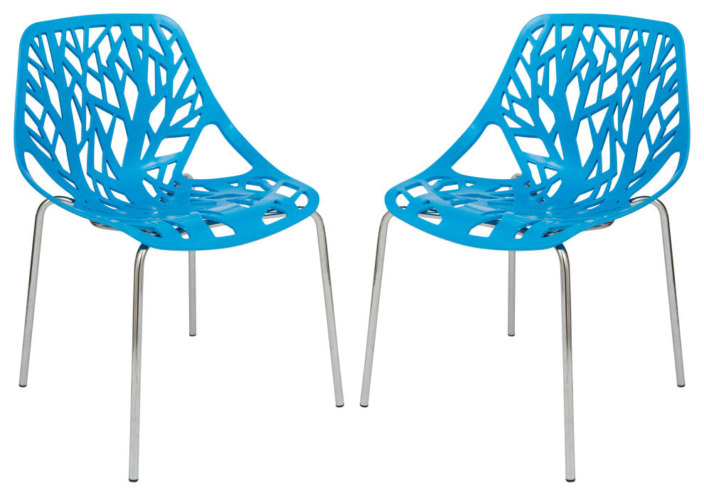 Leisuremod Asbury Plastic Stackable Dining Chair With Chromed Legs, Set of 2, Blue