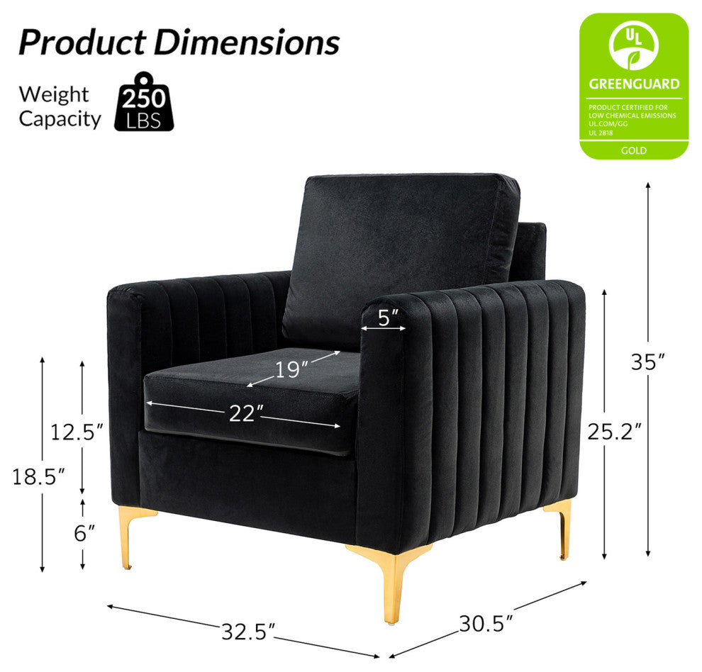 Velvet Comfor Club Chair With Arms&Metal Legs, Black
