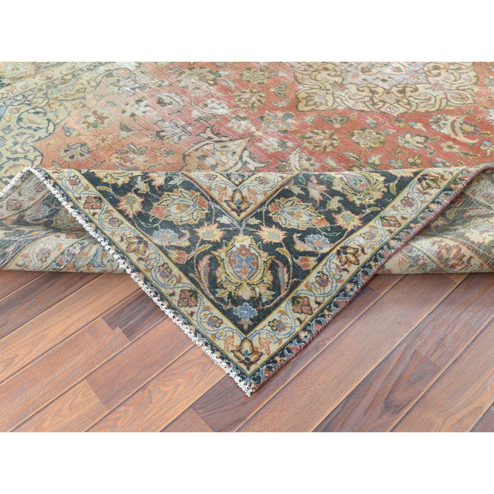 Apricot Color Worn Wool Hand Knotted Vintage Persian Kashan Rug 6'10" x 10'6"