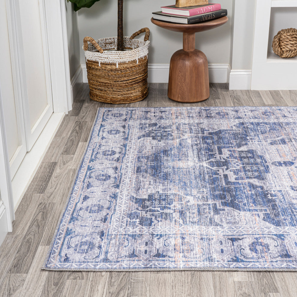 Alanya Ornate Medallion Machine Washable Indoor Area Rug, Navy/Cream, 4 X 6
