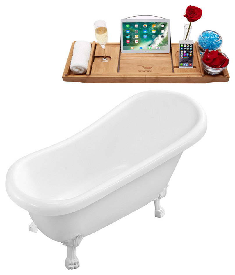 61" Streamline N480WH-IN-WH Soaking Clawfoot Tub and Tray With Internal Drain