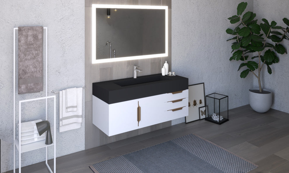 CastelloUSA Nile 48" Wall Mounted Vanity Set, White, Black Top, Gold Handles