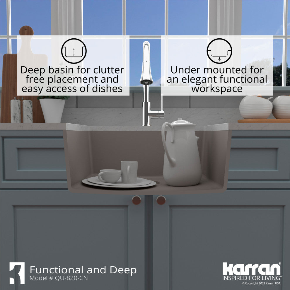 Karran QU-820 Undermount 24.38, Single Bowl Quartz Sink Kit, Concrete