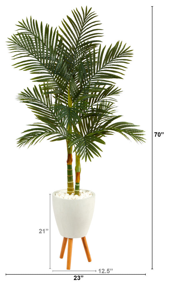 70" Golden Cane Artificial Palm Tree, White Planter With Stand