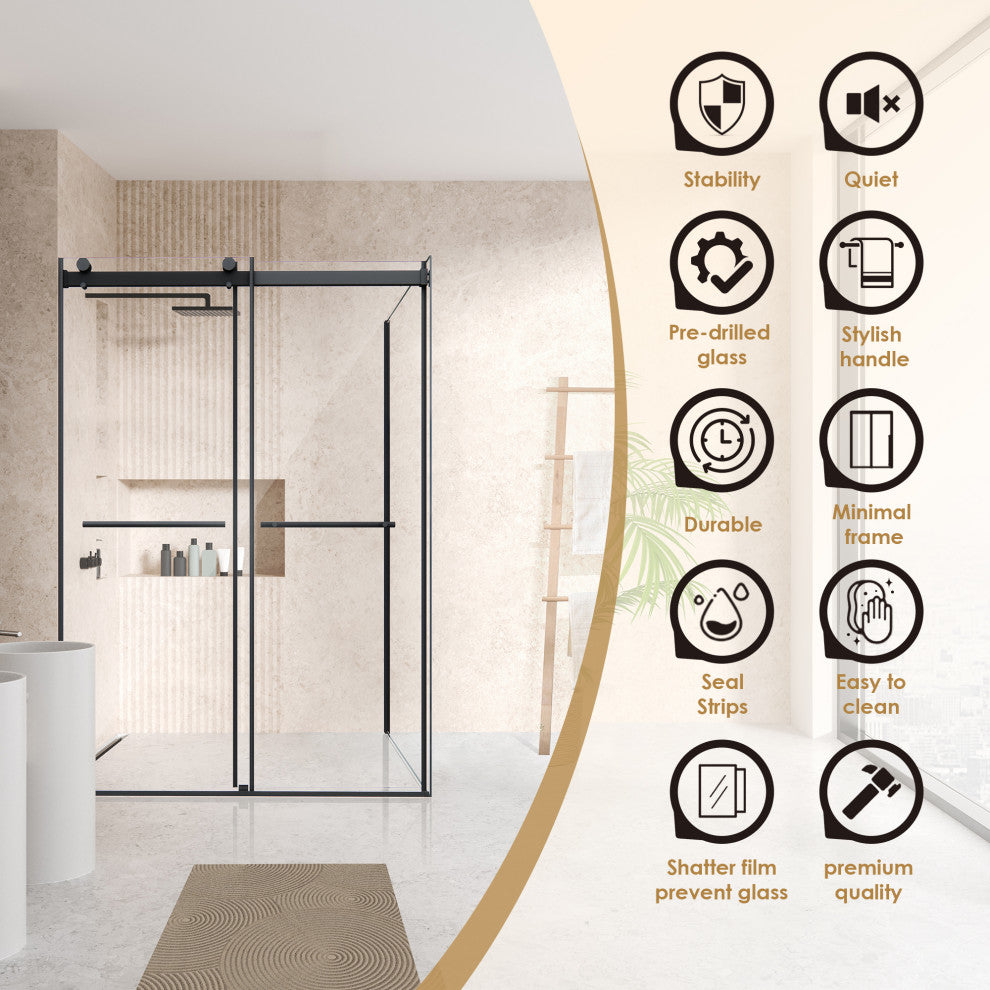 Frameless Exposed Roller Shower Enclosure, Matte Black, 52" W X 76" H