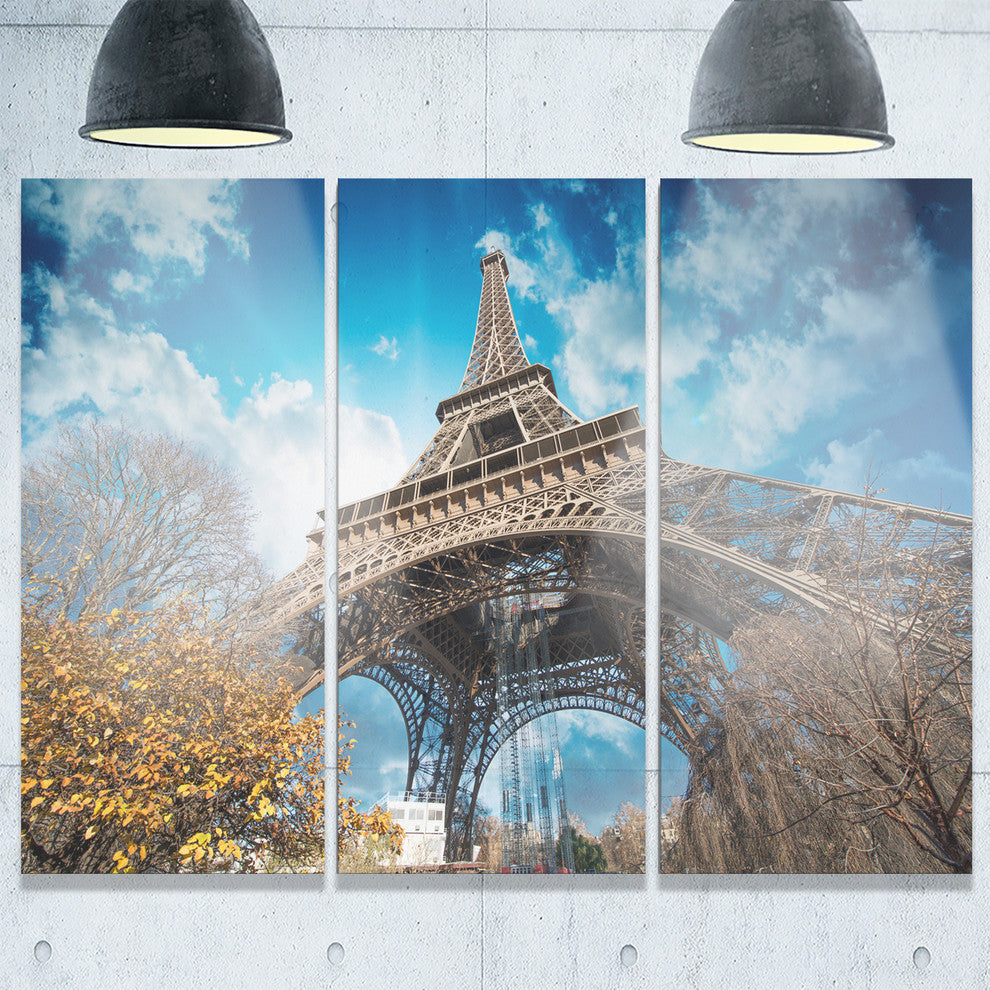 "Paris Eiffel Tower and Blue Paris Sky View" Metal Wall Art, 3 Panels, 36"x28"