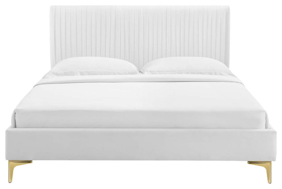 Platform Bed Frame, King Size, Velvet, White, Modern Contemporary, Bedroom