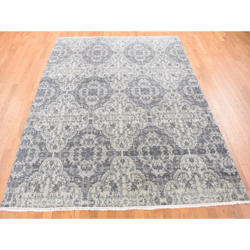Ivory Hand Knotted Wool and Silk Geometric Mughal Design Oriental Rug, 7'9"x10'