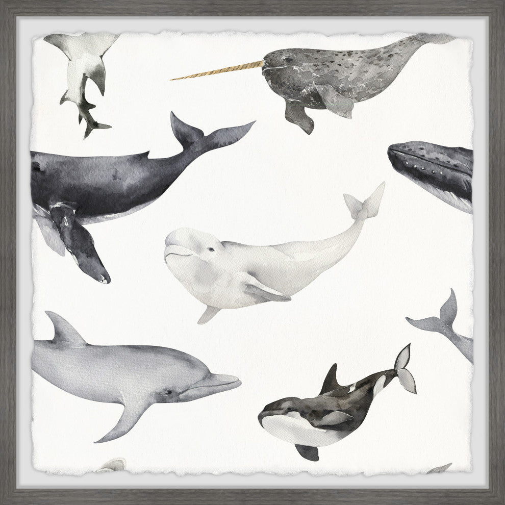 "Dolphins and Whales" Framed Painting Print, 32x32