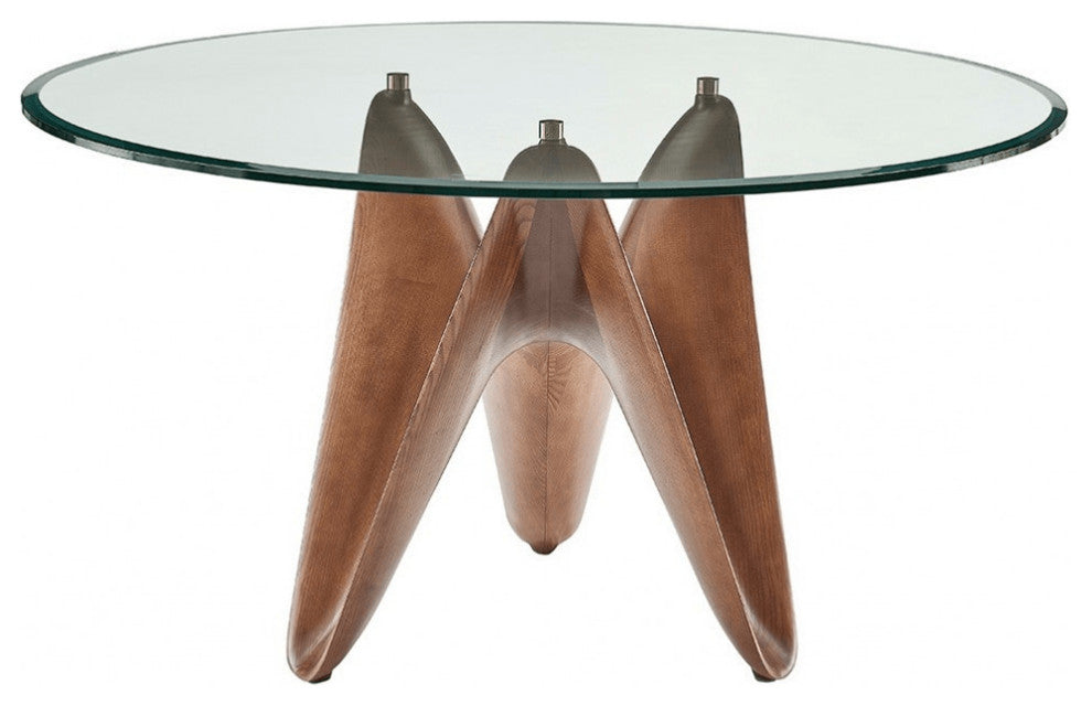 59" Clear And Walnut Rounded Glass And Solid Manufactured Wood Dining Table