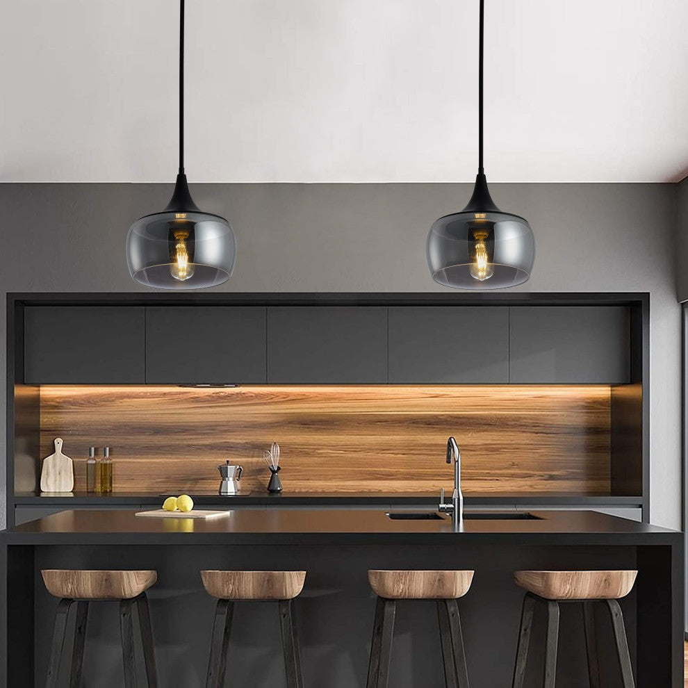 Matte Black 1-Light Pendant Light with Smoke Grey Glass Shade