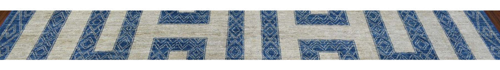 Denim Blue Maze Design With Berber Influence Hand Knotted Wool Rug, 9'2"x11'9"