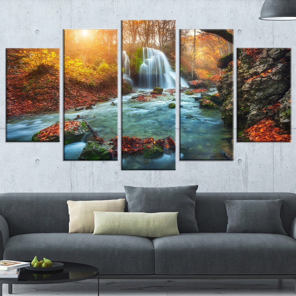 "Fast Flowing Fall River in Forest" Photograph Print, 5 Panels, 60"x32"