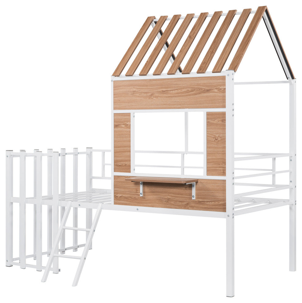 Gewnee Metal Twin Loft Bed with Roof, Window and Ladder in White