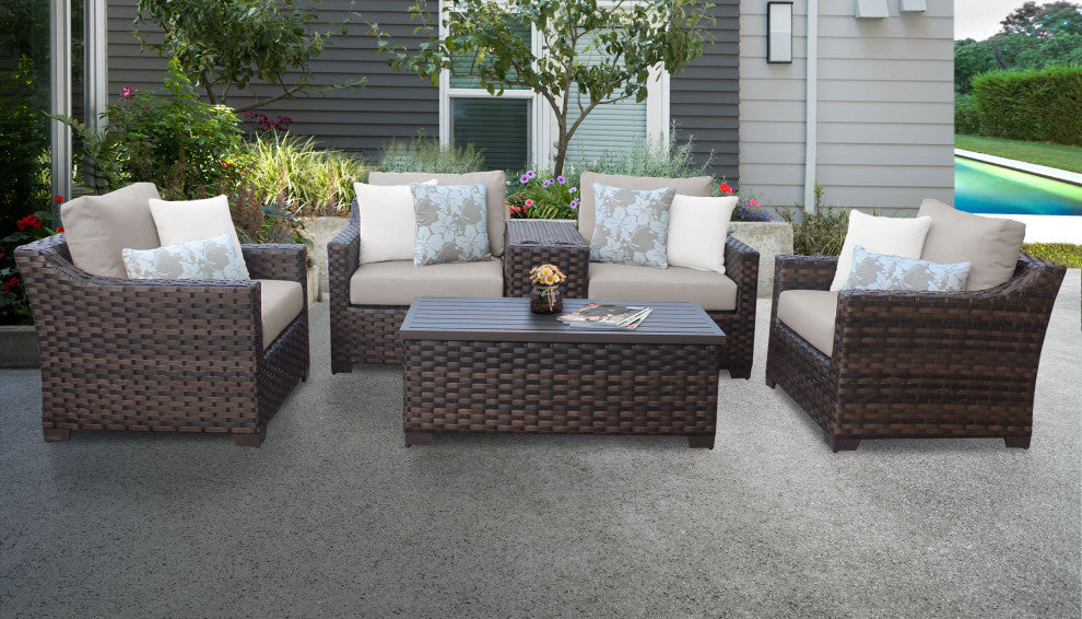 kathy ireland River Brook 6 Piece Wicker Patio Furniture Set, Almond
