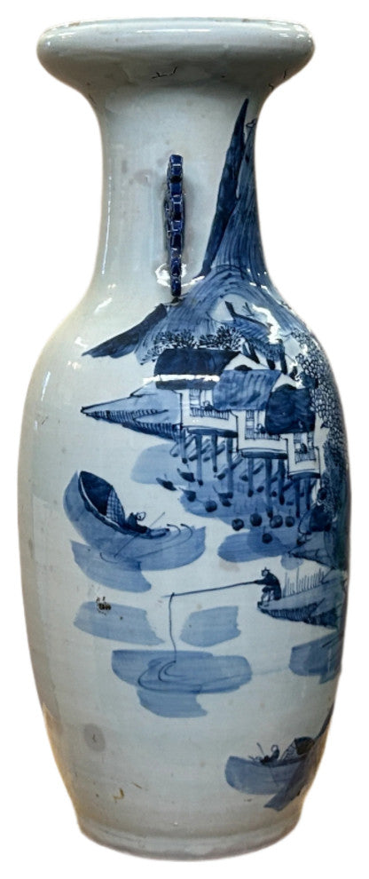 23.5" Vintage Blue White Scenery Porcelain Ru Yi Ear Art Vase Hws4430