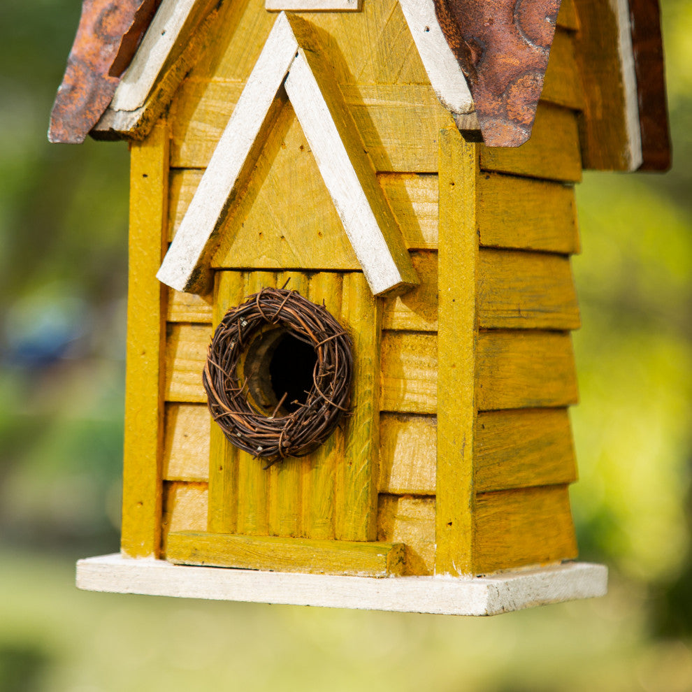 12"H Retro Distressed Solid Wood Cottage Birdhouse
