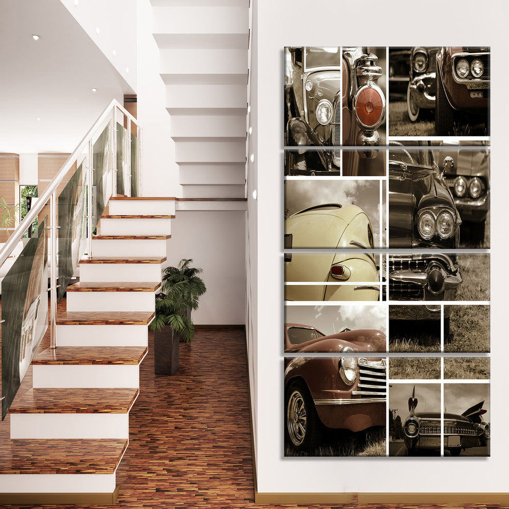 Classic Car Collection Collage, Abstract Canvas Art Print, 28"x48", 4 Panels