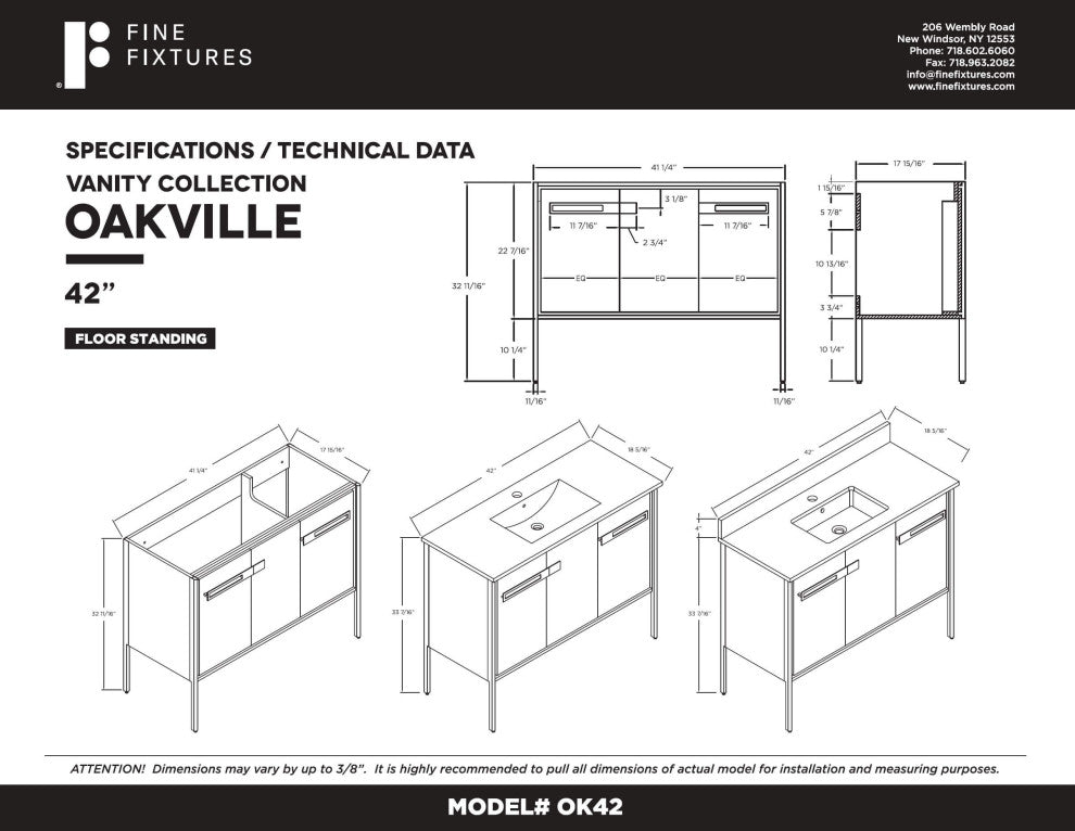 Oakville Bath Vanity, Ceramic Sink, White Matte, 42 Inch, Satin Brass Hardware