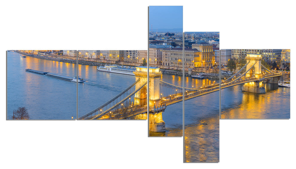 Chain Building and Parliament in Budapest, Canvas Art Print, 60"x32", 5 panels