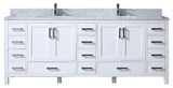 84" White Double Vanity, White Carrara Marble Top, White Sinks, No Mirror