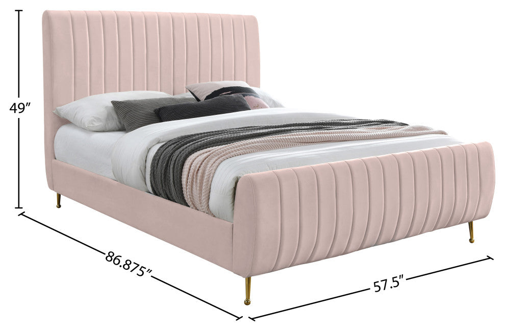 Zara Channel Tufted Velvet Upholstered Bed With Custom Gold Legs, Pink, Full