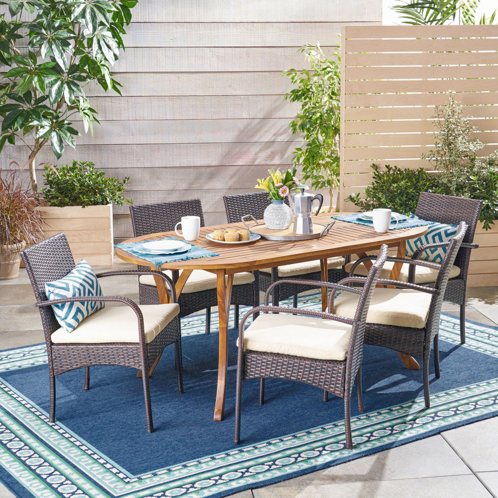 GDF Studio 7-Piece Epps Outdoor Teak Acacia Wood and Wicker Dining Set