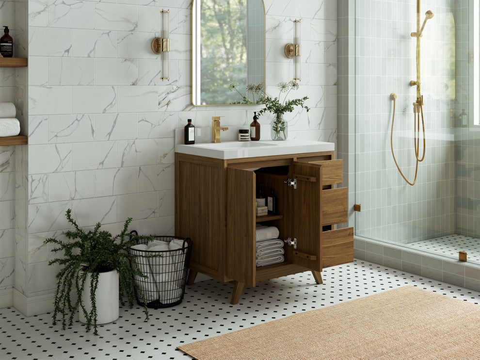 Madison Teak 36 Left Offset Bath Vanity in Dark Natural 1.5" White Quartz