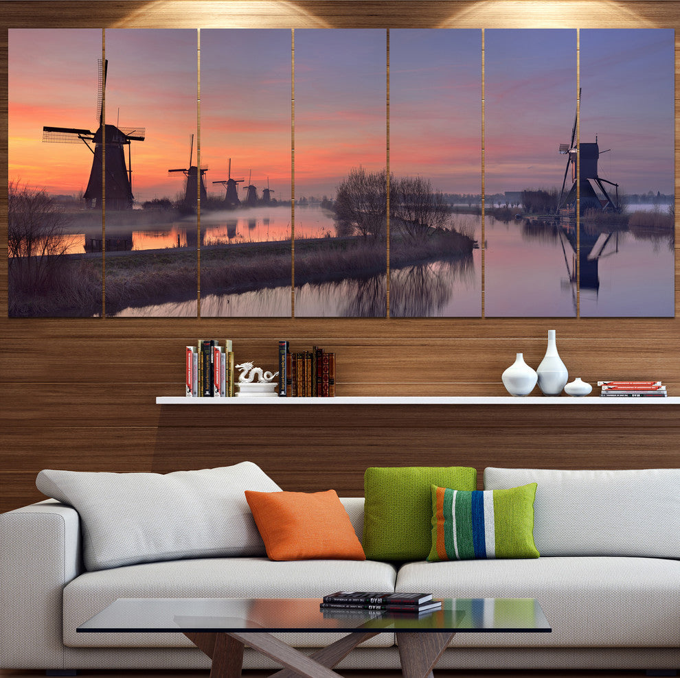 Windmills at Sunrise Panorama, Landscape Canvas Art Print, 83"x32", 7 Panels